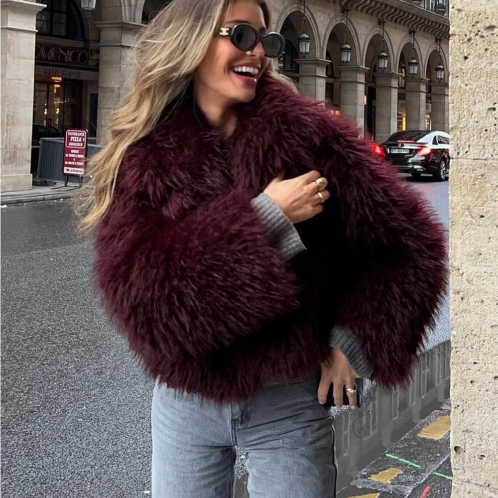 Luxurious Burgundy Faux Fur Jacket women coat winter shaggy thick